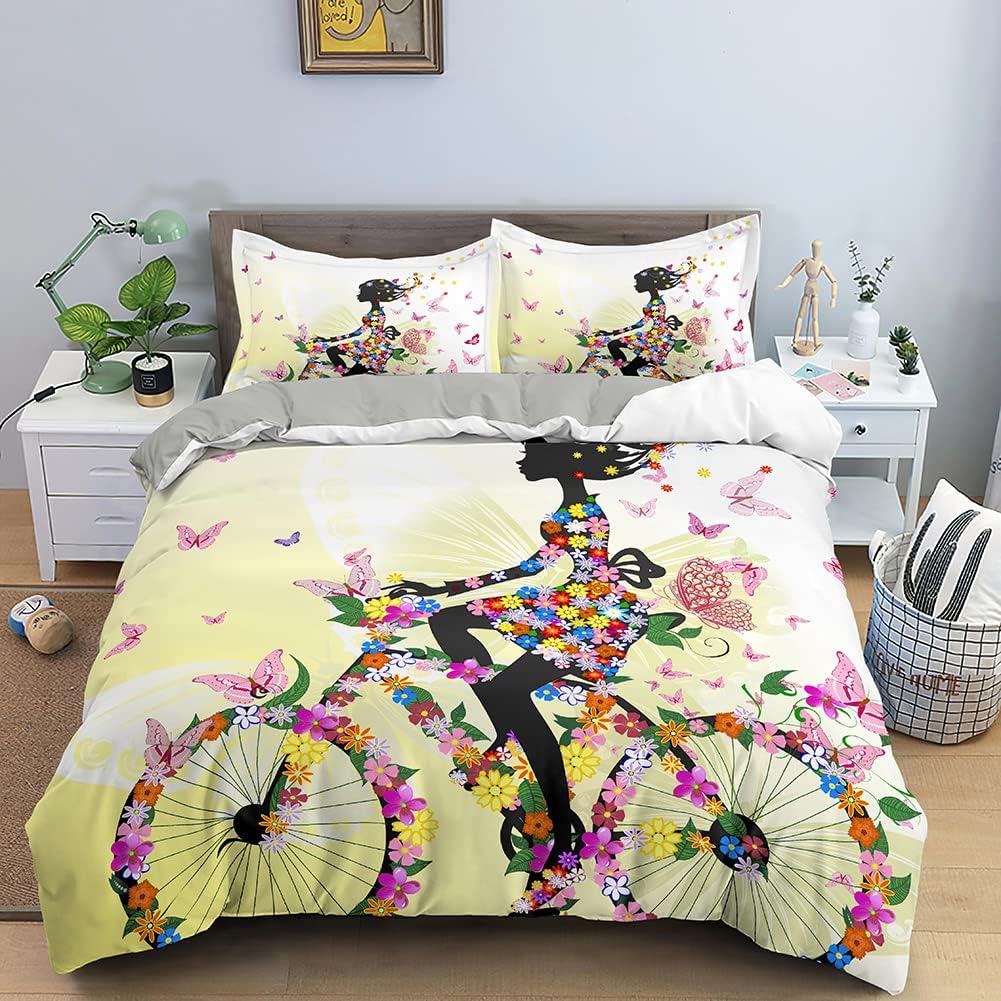 Fairy Girl with Wings Bedding Set Garden Fantasy Floral Duvet Cover Flying Butterfly Comforter Cover Colorful Flower Quilt Cover