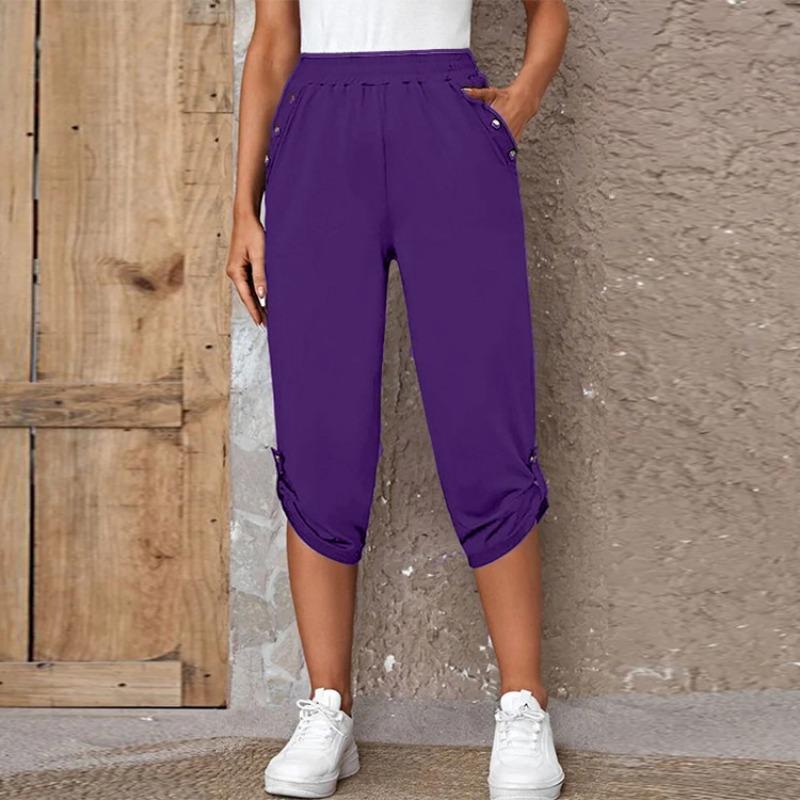 Women's Cropped Trousers with Pockets and Elastic Waist, Summer Buttons