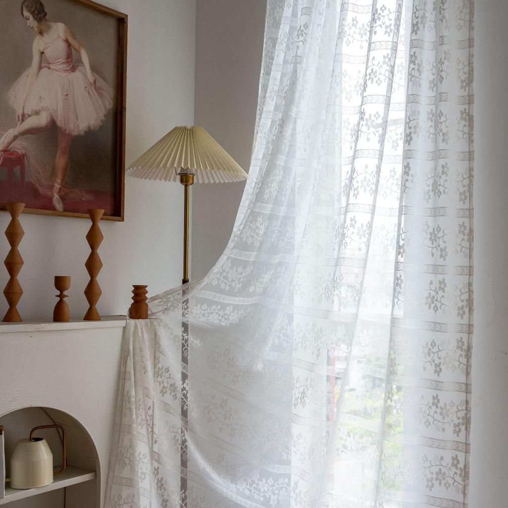 White Lace Flower Jacquard Curtain Finished Gauze Curtain Living Room Balcony Bedroom Non-Punching Curtain Finished Curtain