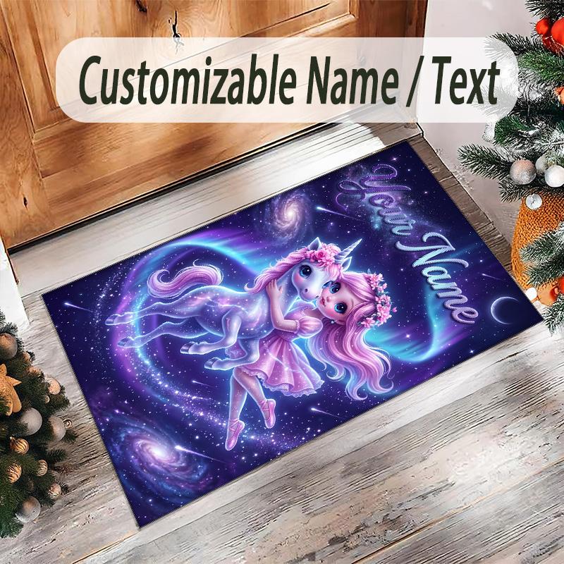 Alfombra de Suelo de Terciopelo de Cristal con Temática de Unicornio, Alfombra Cálida Personalizada con Nombre y Texto, Decoración del Hogar