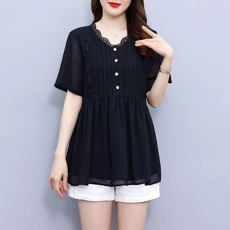 

Женская стильная элегантная рубашка с рюшами и кружевной вставкой, летняя, с V-образным вырезом, с коротким рукавом, шифоновая блузка, черная, свободного кроя, шикарные топы, повседневные блузы 6XL чёрный