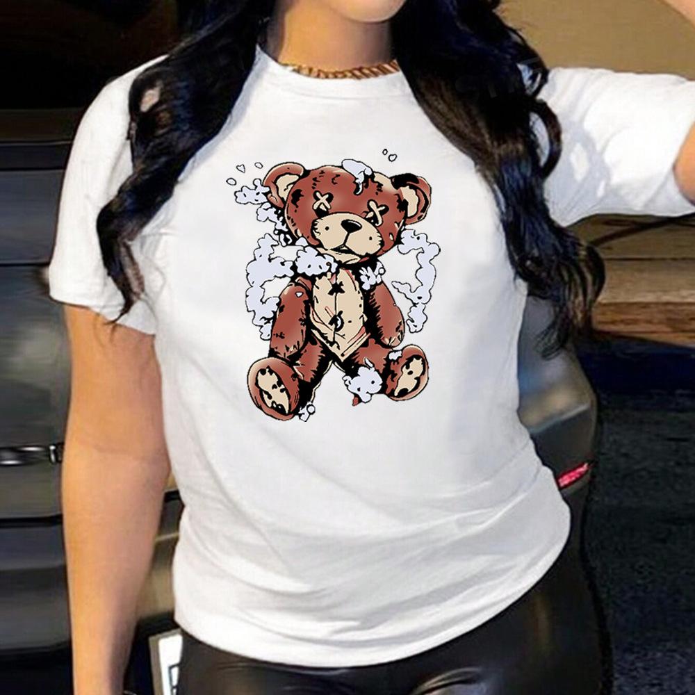 Cartoon Bear Cotton T-Shirt Short Sleeve Soft Tee Round Neck Women 2d Print Tops