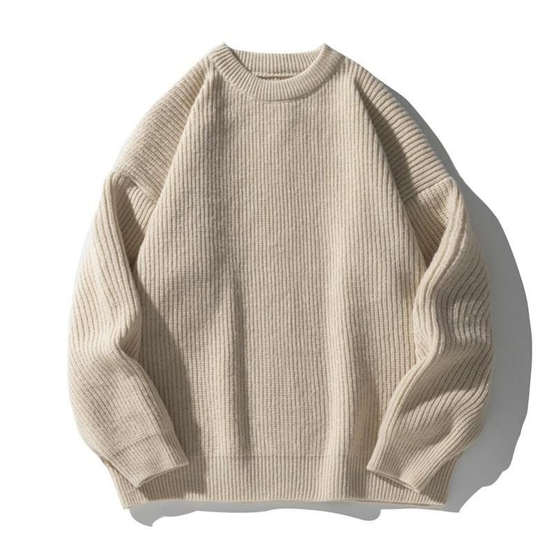 Solid Color Lazy Style Thick Needle Heavy Round Neck Sweater Men's Autumn and Winter Trendy Brand Retro Sweater Loose Casual Jacket