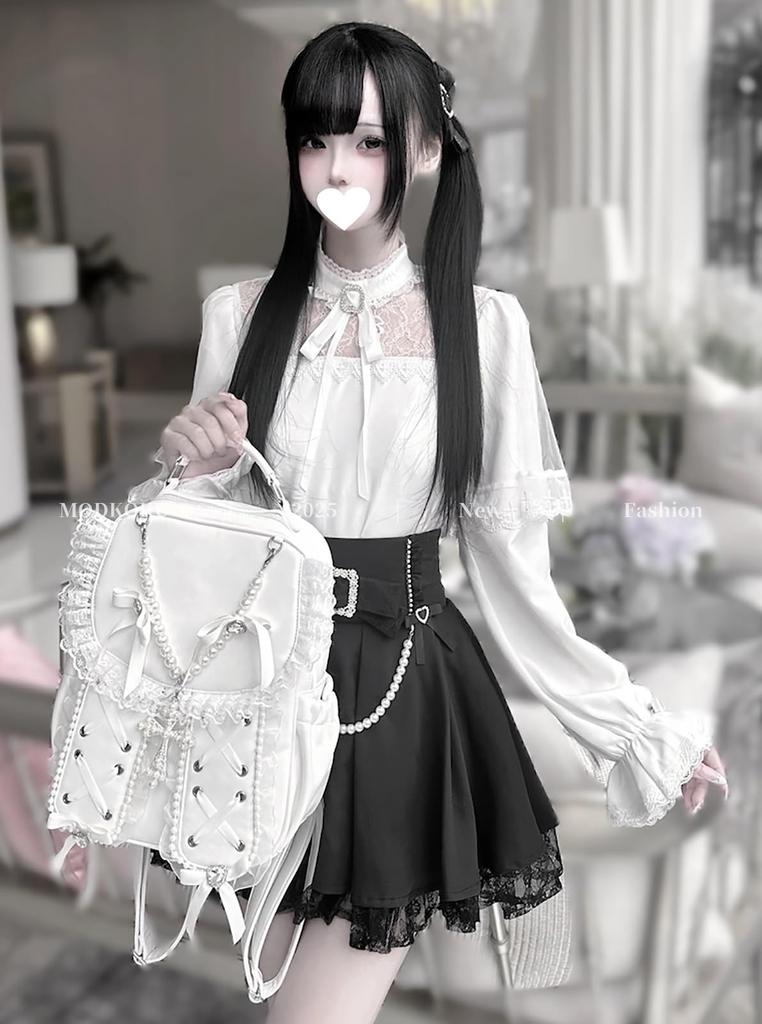 Bluse und Mini-Kreuz Große Größe Klein [MODKOKU] Damen Umhang-Stil 3-teiliges Set, Rock, Spitze, Rüschen, Schleifen, Lolita, Design, Gothic, Schnürung, Moe,