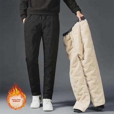 Men's Plus Velvet Waterproof Thick Warm Windproof Cotton Straight Pants - Large Size Casual Wear for Autumn and Winter.