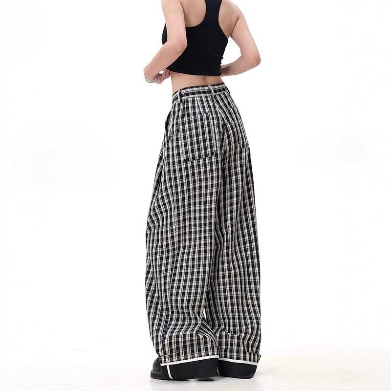 Retro British Style Plaid Striped High-Waist Wide-Leg Trousers