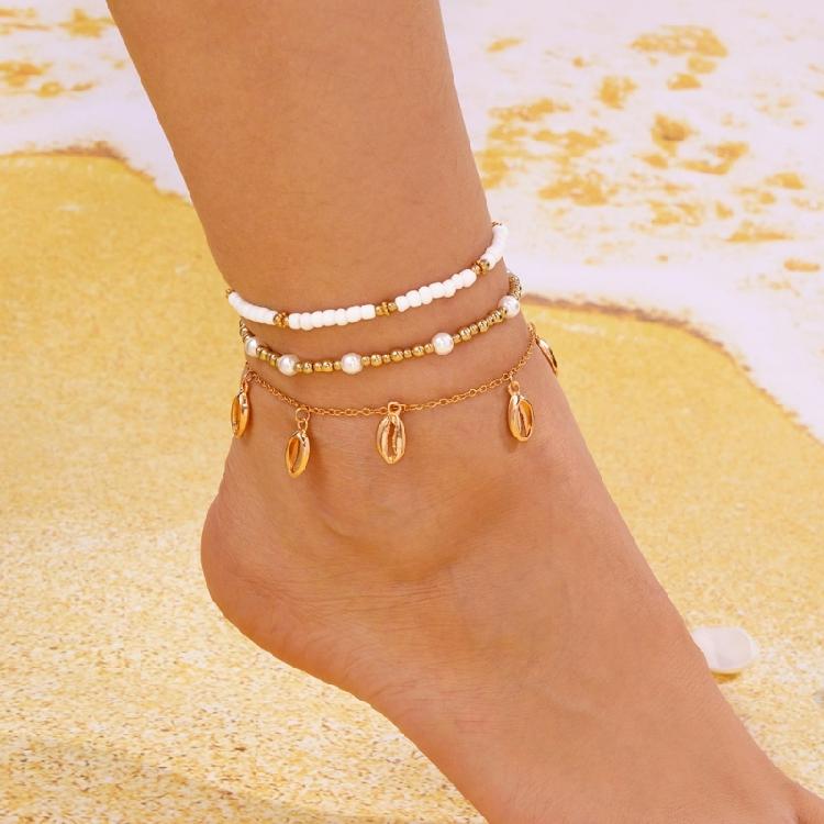 Stackable Anklet Beach Vacation Jewelry Multilayer Shell Bead Ankle Chain Handmade Comfortable Alloy Seaside Accessory