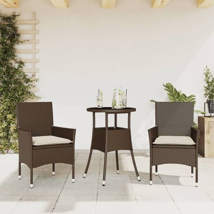 VidaXL Ensemble à manger de jardin et coussins 3pcs marron rotin verre, ensemble de salle à manger d'extérieur, meuble de 3278619