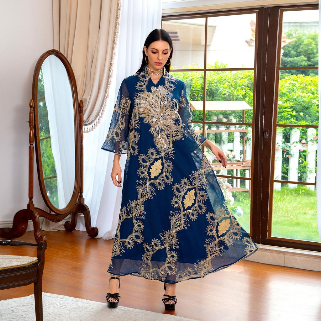 Luxusní dámské dlouhé šaty Středního východu Abaya muslimské dámské flitrované vyšívané šaty Robe