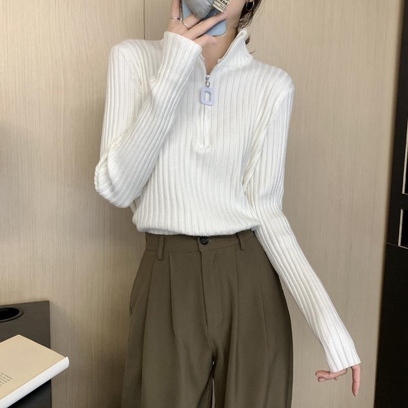 Design Sense Semi-zipper Long-sleeved Knitted Sweater Women's Spring New Thickened Pit Strip Bottoming Shirt with Sweater Inside