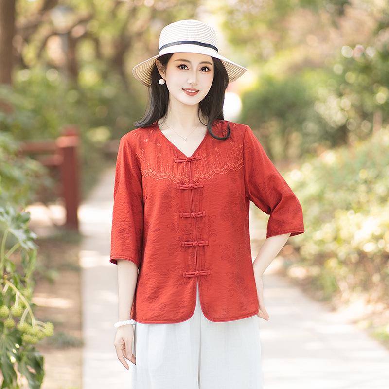 Retro Chinese Style Summer Embroidered Frog Button Cardigan for Moms - Mid-Sleeve Top for Middle-Aged and Elderly Women