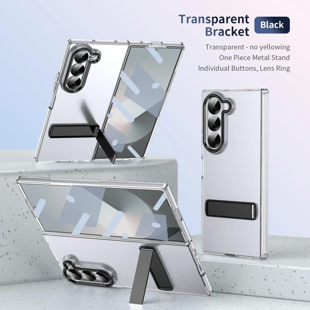 Luxury High Definition Transparent Phone Case for Samsung Galaxy Z Fold 7 6 5 4 Metal Holder Stand Screen Protector Shockproof Back Protect Cover