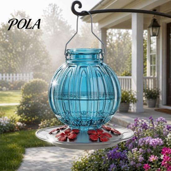 Glass Hummingbird Feeder Outdoor Feeder, Bird with Perch, Red Flower Backyard Feeding Ports, Hanging Nectar for Garden Yard Hummingbirds Balcony