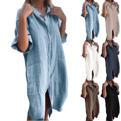 Women's Fashion Casual Button Cardigan Cotton And Linen Solid Color Dress With Pockets
