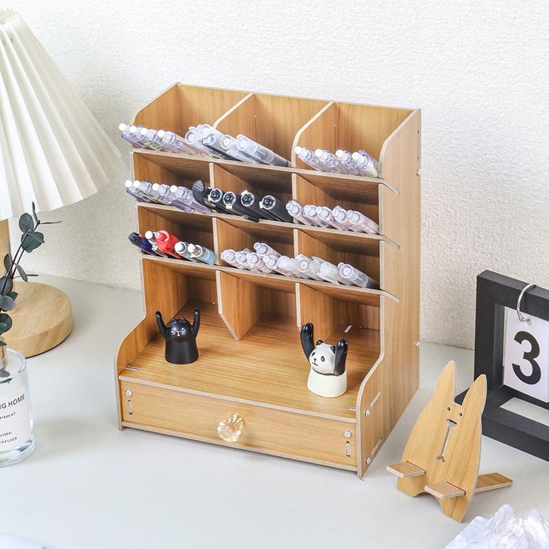1pc Wooden Desk Organizer Student Stationery Storage Box For Cosmetics School Office And Home Large-Capacity Storage Pen Holder