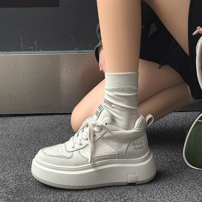 Leather high-top autumn and winter velvet muffin thick-soled small casual board shoes