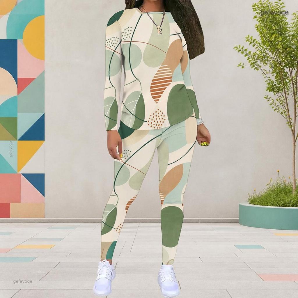Women Plus Size Two Piece Set Round Neck Long Sleeve Printed Top And Fitted Pants