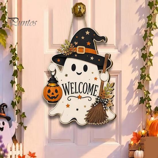 Seasonal Home Accents Halloween Wooden Ghost Welcome Sign for Front Door, Rustic Cartoon Hanging Trick or Treat Plaque with Pumpkin Wizard Hat
