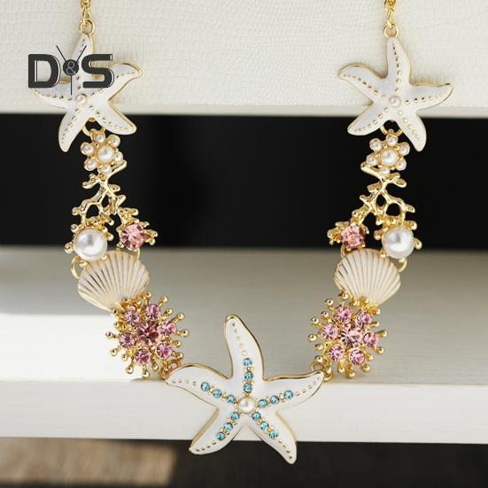 Exaggerated Women Necklace Ocean Theme Starfish Coral Shell Hollow Out Faux Pearl Rhinestone Decor Adjustable Length Lady Vacation Beach Neck Jewelry