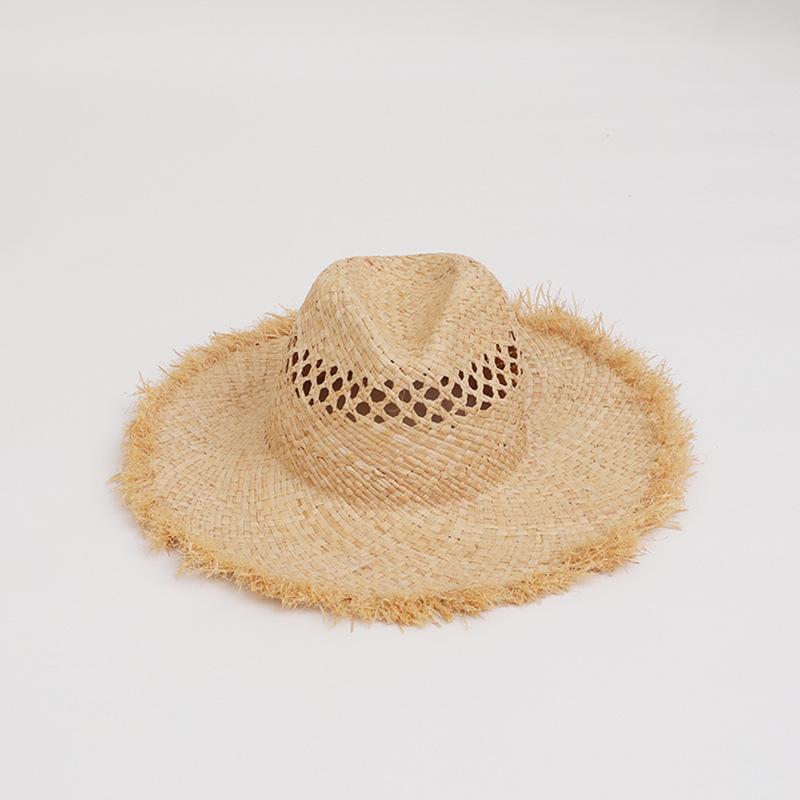 Korea Seaside Vacation Raffia Beach Hat Women s Hand Woven Straw Woven Panama Sun Hats Fashion Jazz Top West Cowboy Straw Hat 56-58cm