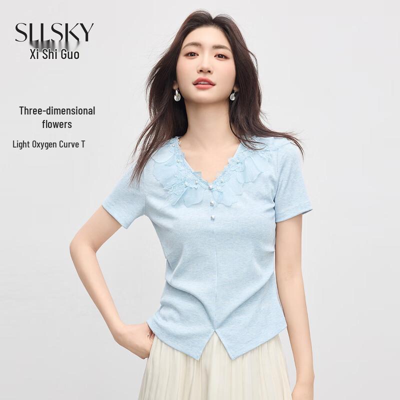 Women s V-Neck Lace Trim T-Shirt S