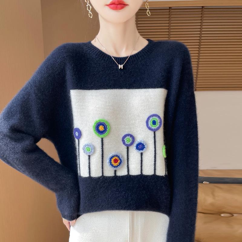 

Женский шерстяной свитер колор-блок, утолщенный - Круглый вырез, Тяжелый жаккард, Расслабленный стиль, Коллекция осень/зима 2024 XL