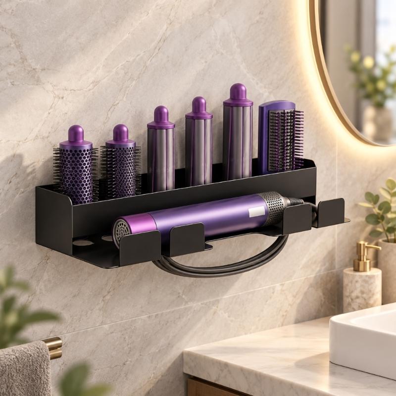 Adhesive-Mounted Hair Dryer and Curling Iron Holder with Open Wall Storage and Front Cord Retainers for Dressing Spaces