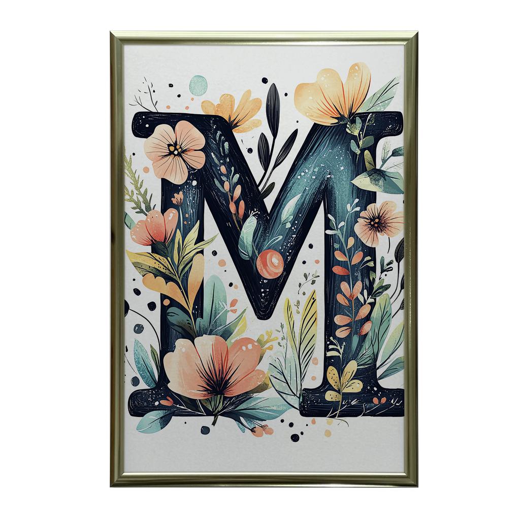 Plakat Z Literą M W Kwiaty I Liście Plakat Z Literą M W Kwiaty I Liście, 30X40 Cm, Bez Ramy, Płótno Premium Na Blejtramie