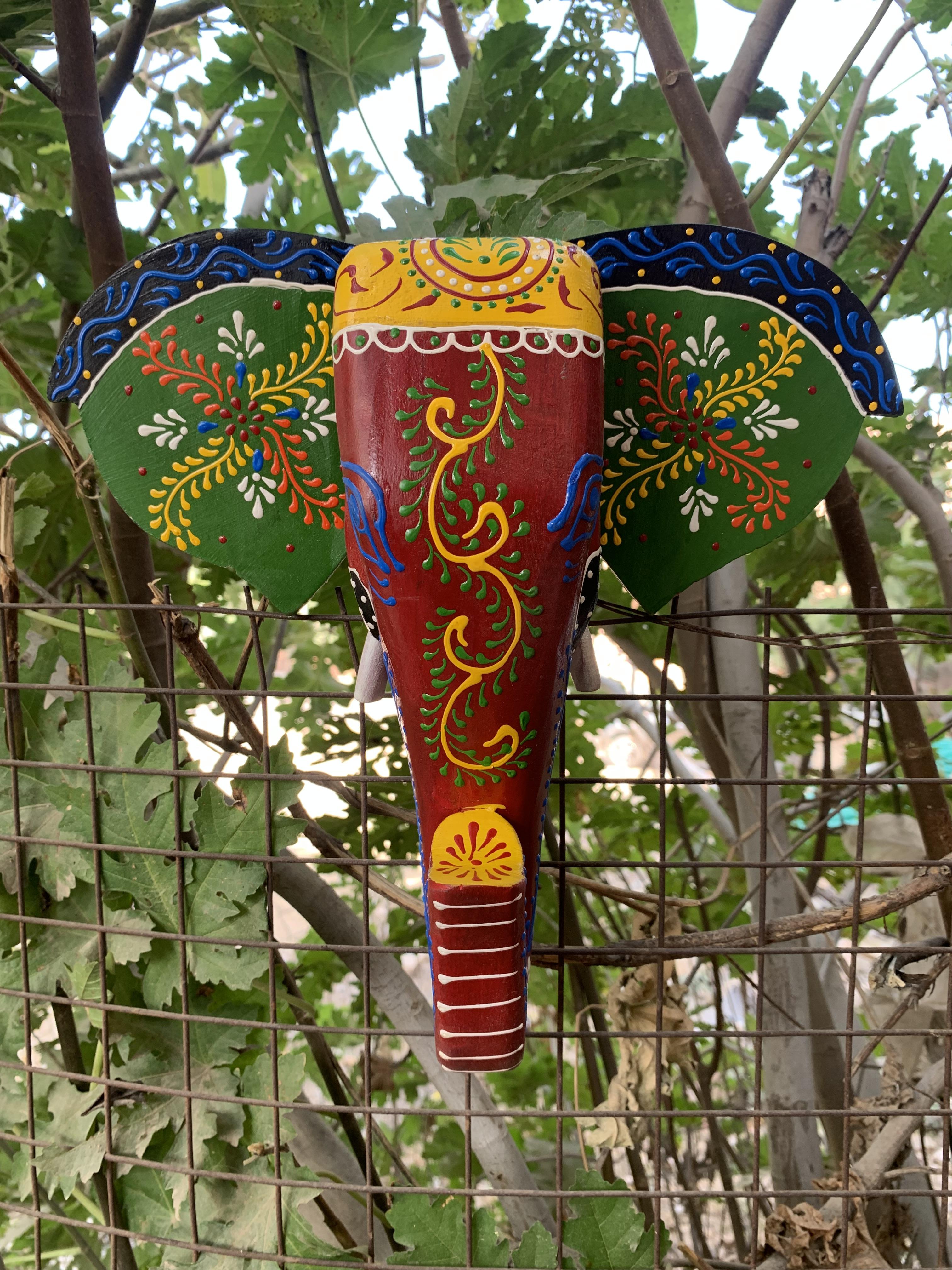 

Handcrafted Wooden Elephant Head | Traditional Indian Wall Decor 10 x 11 x 3 (h x l x w) approx.