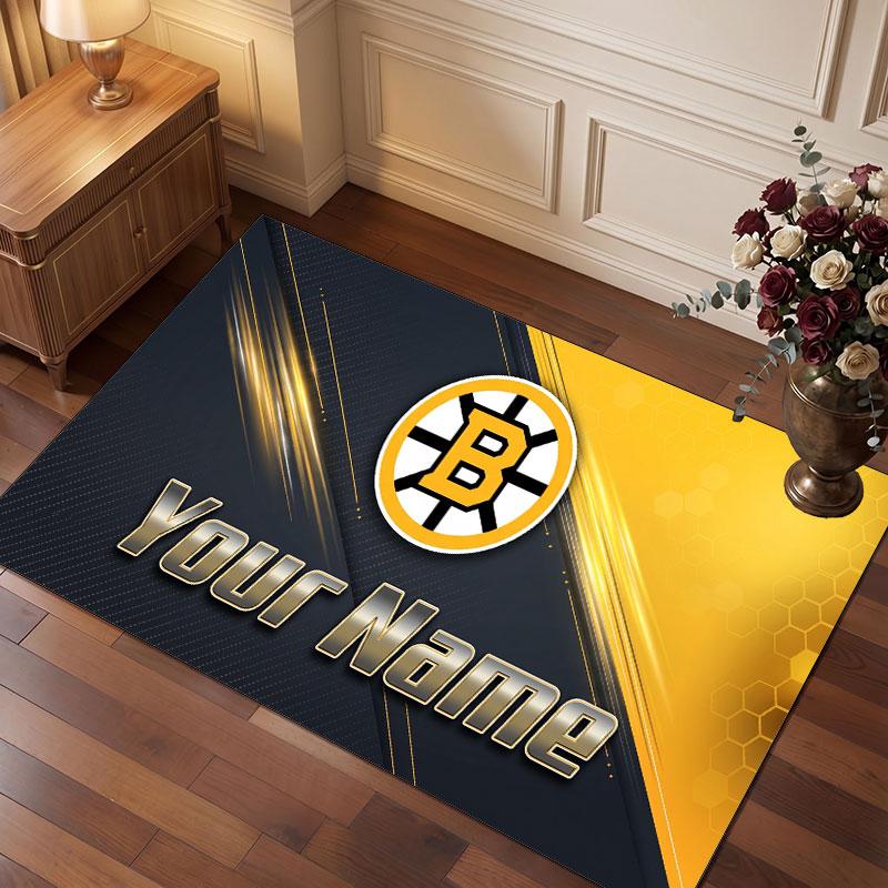 Boston Bruins Personalized Crystal Velvet Carpet, Customized Name Text Soft Anti‑Slip Rug for Living Room Bedroom