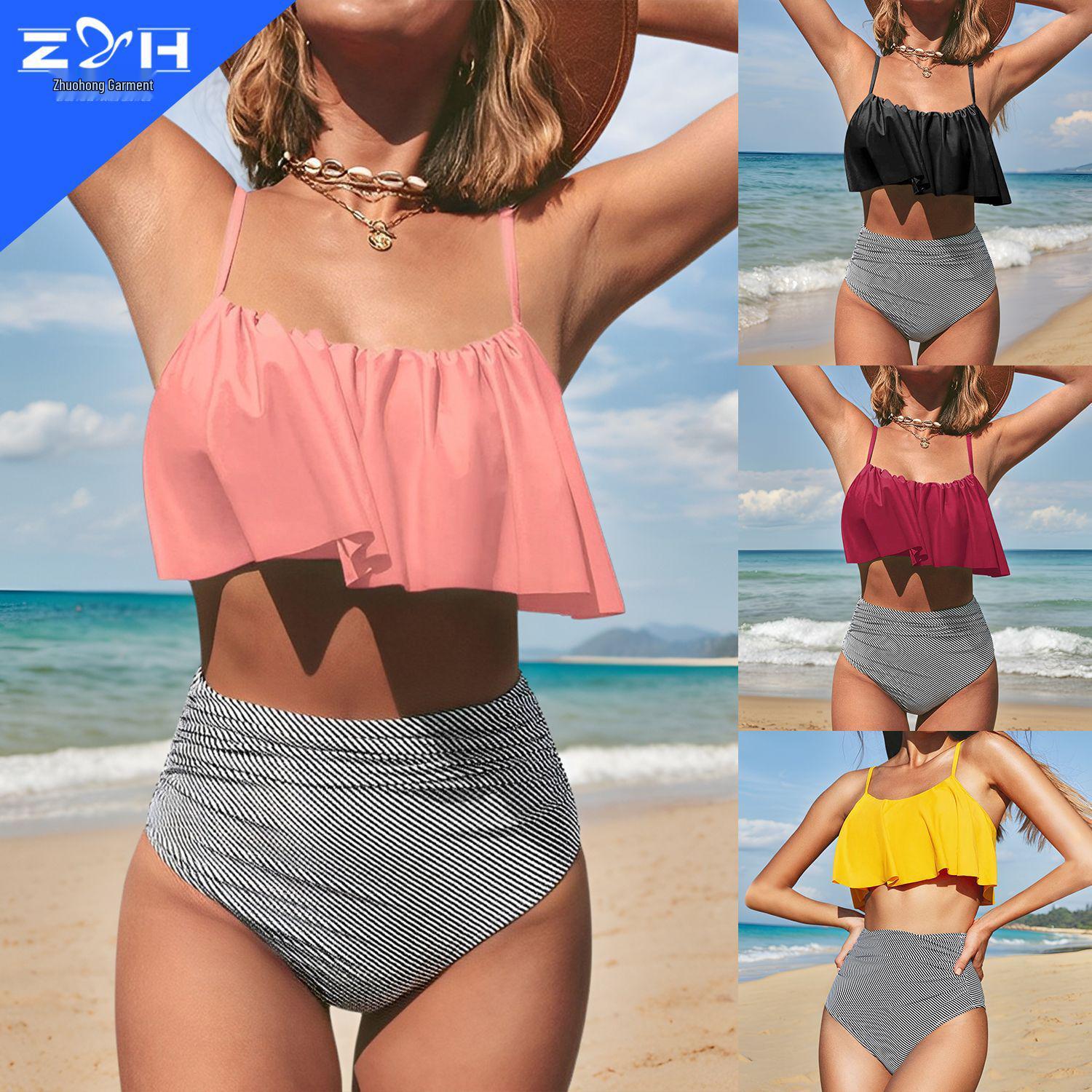

Solid Color Striped Ruffle High Waist Bikini 2XL красный