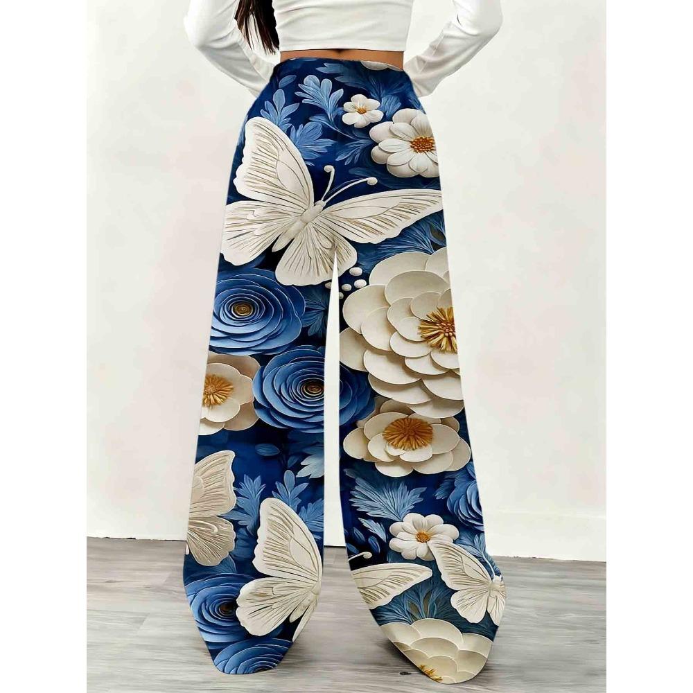 Women's casual loose long sweatpants, designed with floral butterflies, fashionable and comfortable with pockets