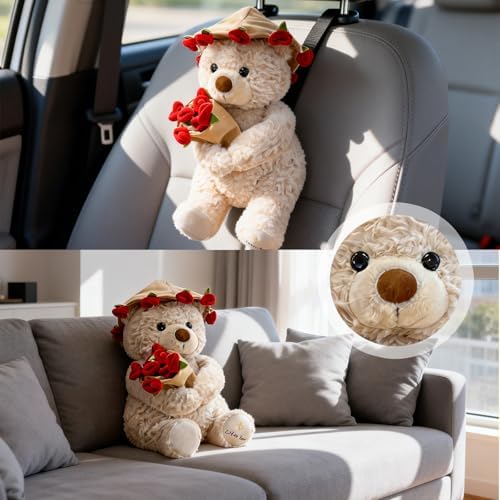 30cm Teddy Bear Plush Toy with Rose Bouquet and Hat, Romantic Valentine's Day Birthday Gift for Women Girls, Decoration Doll (Beige)