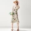 [Mint Manbo] Spring/Summer V-neck Printed Lace for Skinny Silk Dress, Mulberry Silk Style Long Dress for Women