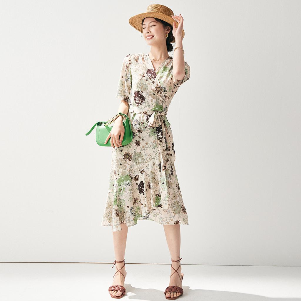 [Mint Manbo] Spring/Summer V-neck Printed Lace for Skinny Silk Dress, Mulberry Silk Style Long Dress for Women