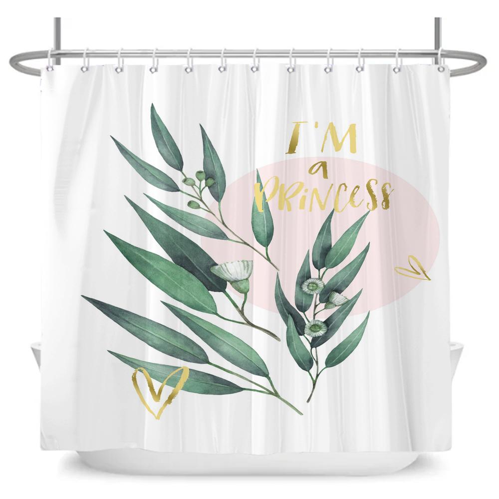 Green Leaf Plant Simple Nordic Printing Bathroom Shower Curtain Polyester Waterproof Home Decoration Curtain with 12 Hooks