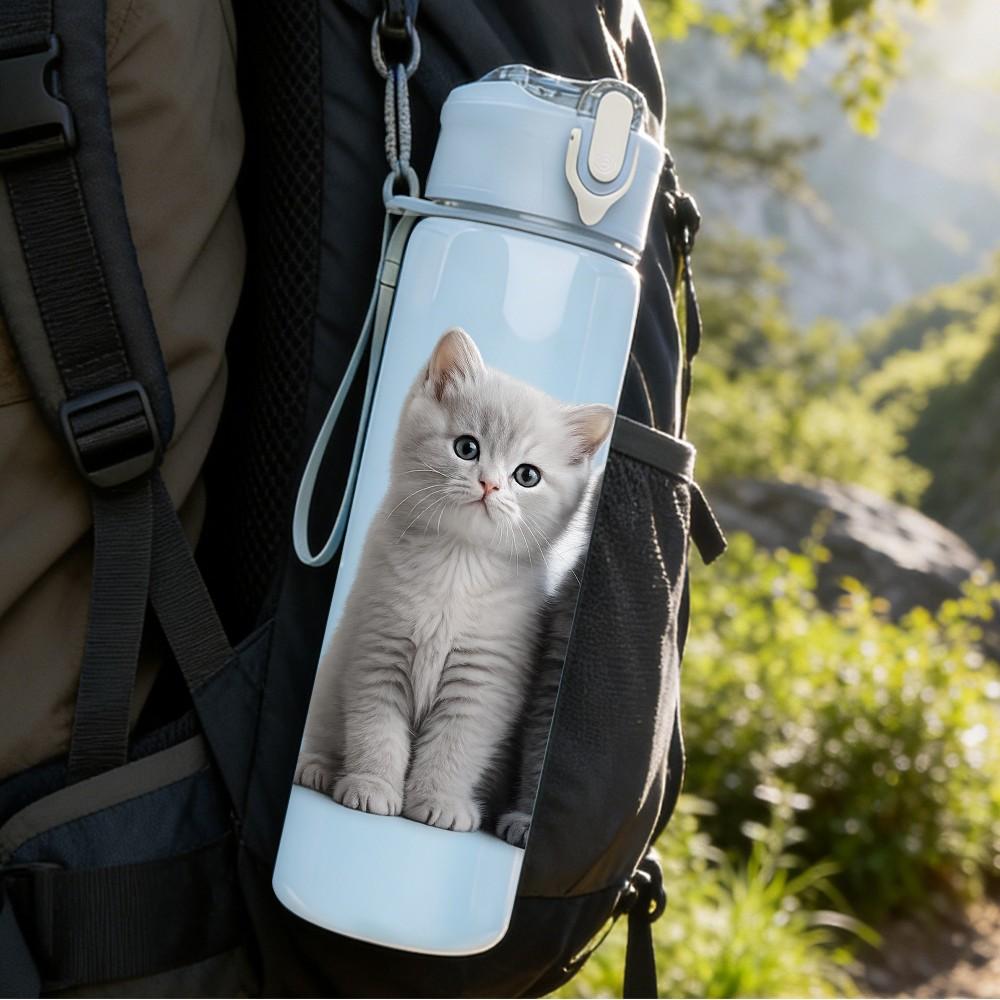 1PC Two Gray Kitten Cat Portrait Print 750ml Color Plastic Sports Water Bottle Leakproof Flip Straw Lid Suitable for Sports Office Home Use
