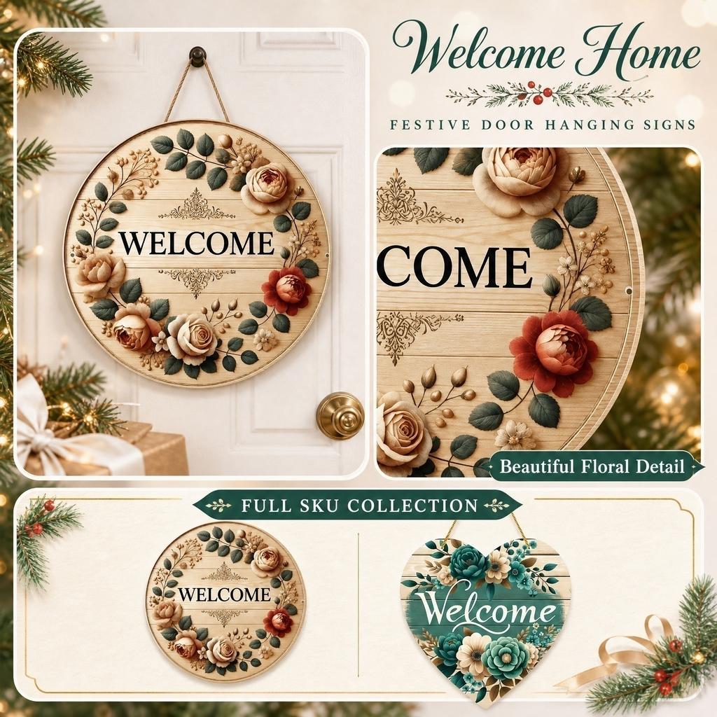 Round Wooden Welcome Sign Hanging Door Decor Floral Wreath Design Rustic Style Wall Ornament for Seasonal Holiday Parties Indoor Outdoor Use
