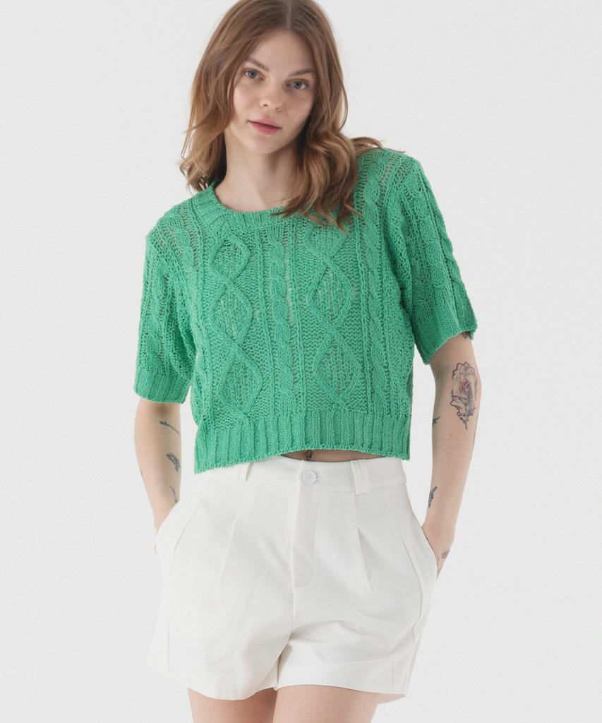 PIANER See-Through Punched Boucle Short Sleeve Knit (Green)