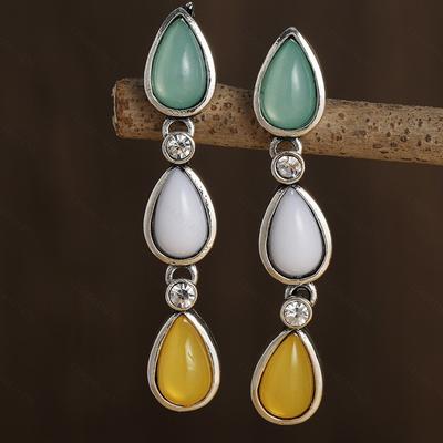 Tribal Grün Gelber Stein Tropfenohrringe Damen Vintage Schmuck Metall Lange Hängeohrringe
