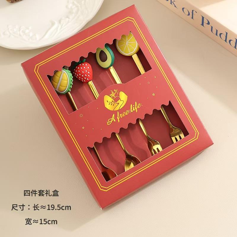 Fruit Doll Stainless Steel Spoon and Fork Christmas Coffee Dessert Spoon and Fork Gift Set Fruit Watermelon Spoon and Fork Box
