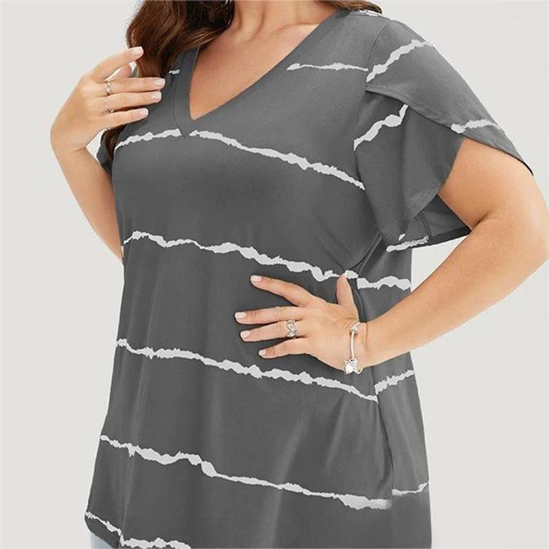 Dámské letní tričko s krátkým rukávem a V-výstřihem, pruhovaným potiskem, volné, s volánkovými krátkými rukávy, ležérní, prodyšné, pohodlné, na práci, dovolenou, plus size top(XL~5XL)