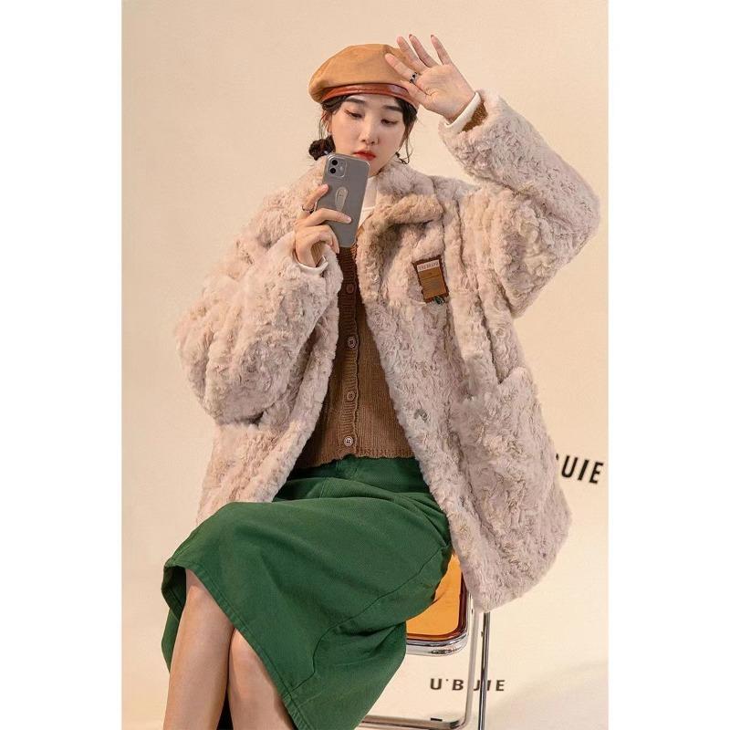 

Новое осенне-зимнее утолщенное пальто из овечьей шерсти, женский тонкий меховой плюшевый топ с лацканами из кроличьего меха S 70-49.5 kg абрикосовый