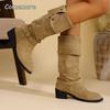 Fashion Women's Solid Color Trendy Knight Boots Buckle Decor Chunky Heel Mid Calf Botas Mujer 2025 Autumn Winter Slip on Fashion Boots
