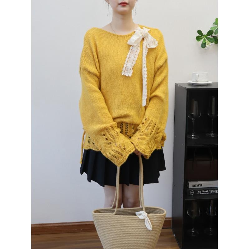 Gentle wind knitted sweater top early autumn new thin hollow sweet design sweater pullover woman