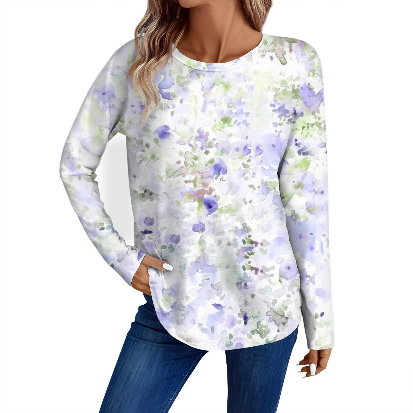 

Женская мода повседневный топ с длинным рукавом с цветочным принтом и круглым вырезом M киноварь