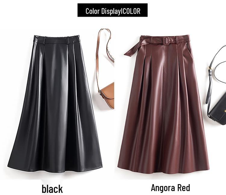 Women's Haining Lambskin A-Line Midi Skirt - High-Waisted, Slim Fit with Large Hem, Elegant Design