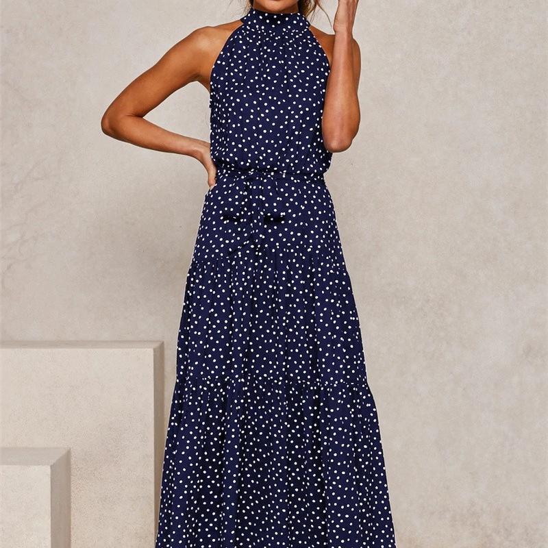 GMXIA Summer 13 Color Halter Print Polka Dot Lace-up Dress Long Sleeveless Dress