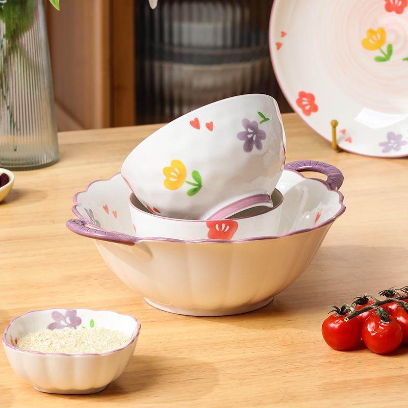 Ceramic Rice Bowl Household 2024 High Value Underglaze Color Bowl Plate Tableware Set Pastoral Style