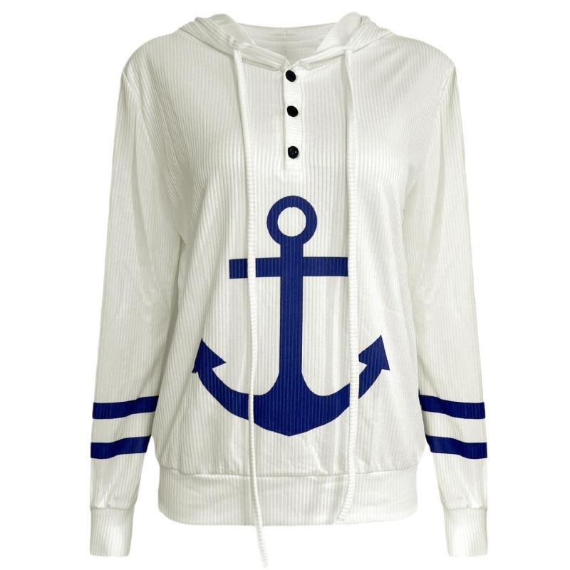 V Neck Long Sleeve Hooded Sweatshirt Casual Women Cartoon Print Button Pullover